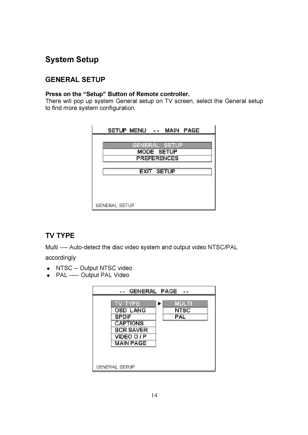 Datavideo CP-100 PRO System Setup, General Setup, TV Type, Press on the Setup Button of Remote controller 