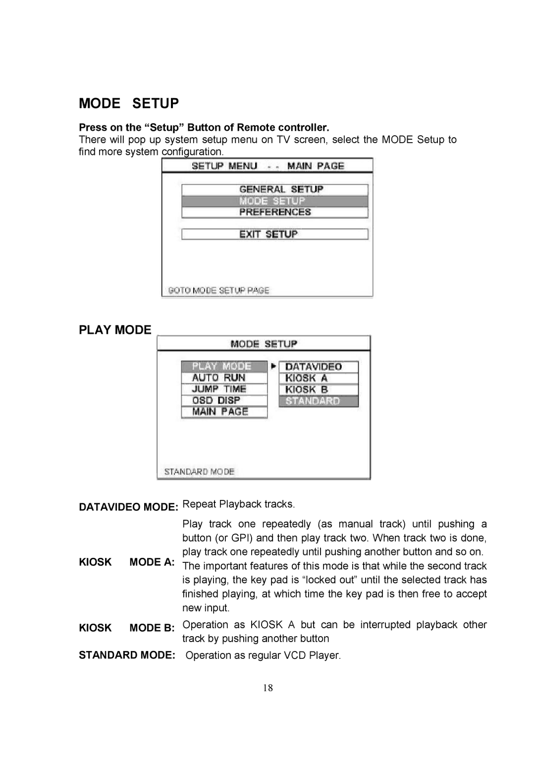 Datavideo CP-100 PRO instruction manual Mode Setup, Play Mode 