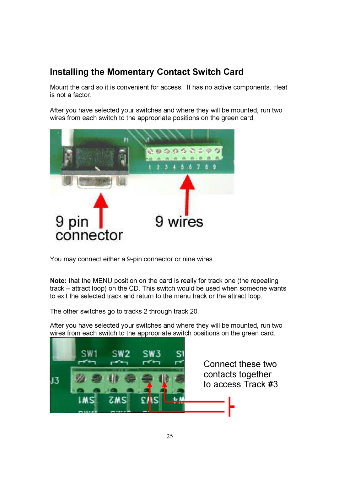 Datavideo CP-100 PRO Installing the Momentary Contact Switch Card, Connect these two contacts together to access Track #3 