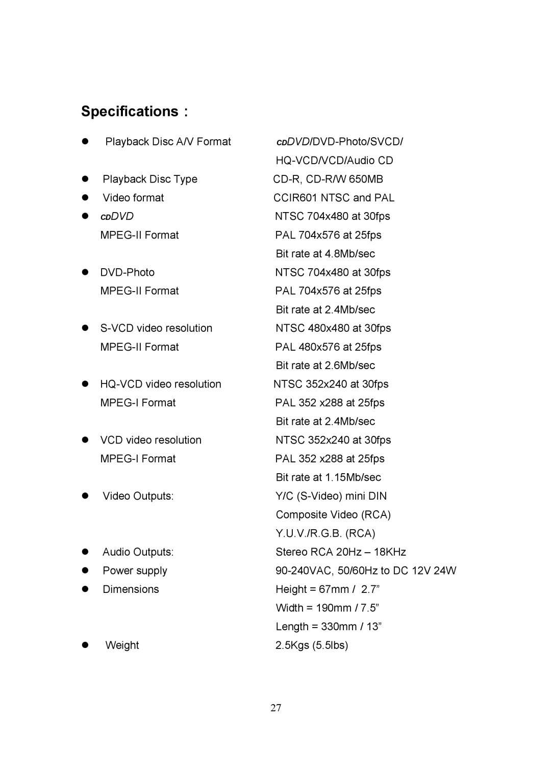 Datavideo CP-100 PRO instruction manual Specifications：, Cddvd 