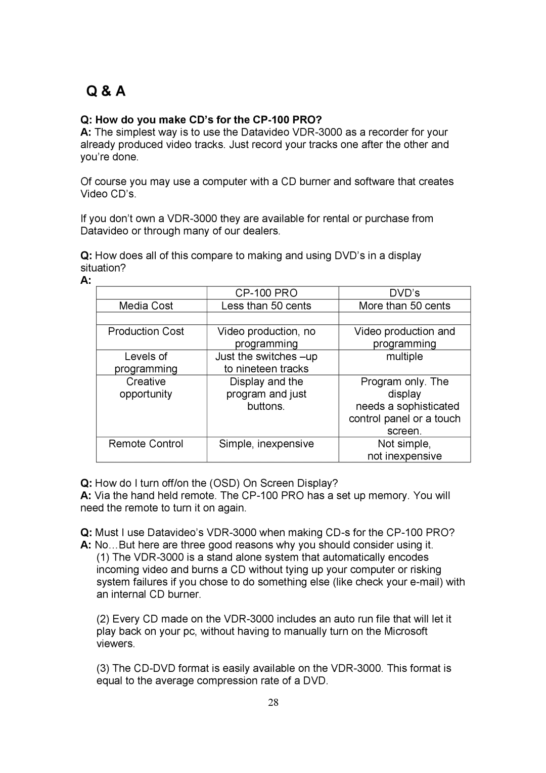 Datavideo instruction manual How do you make CD’s for the CP-100 PRO? 