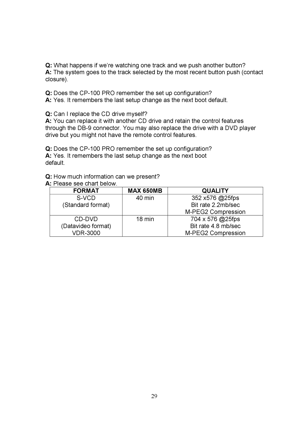 Datavideo CP-100 PRO instruction manual Format MAX 650MB Quality 