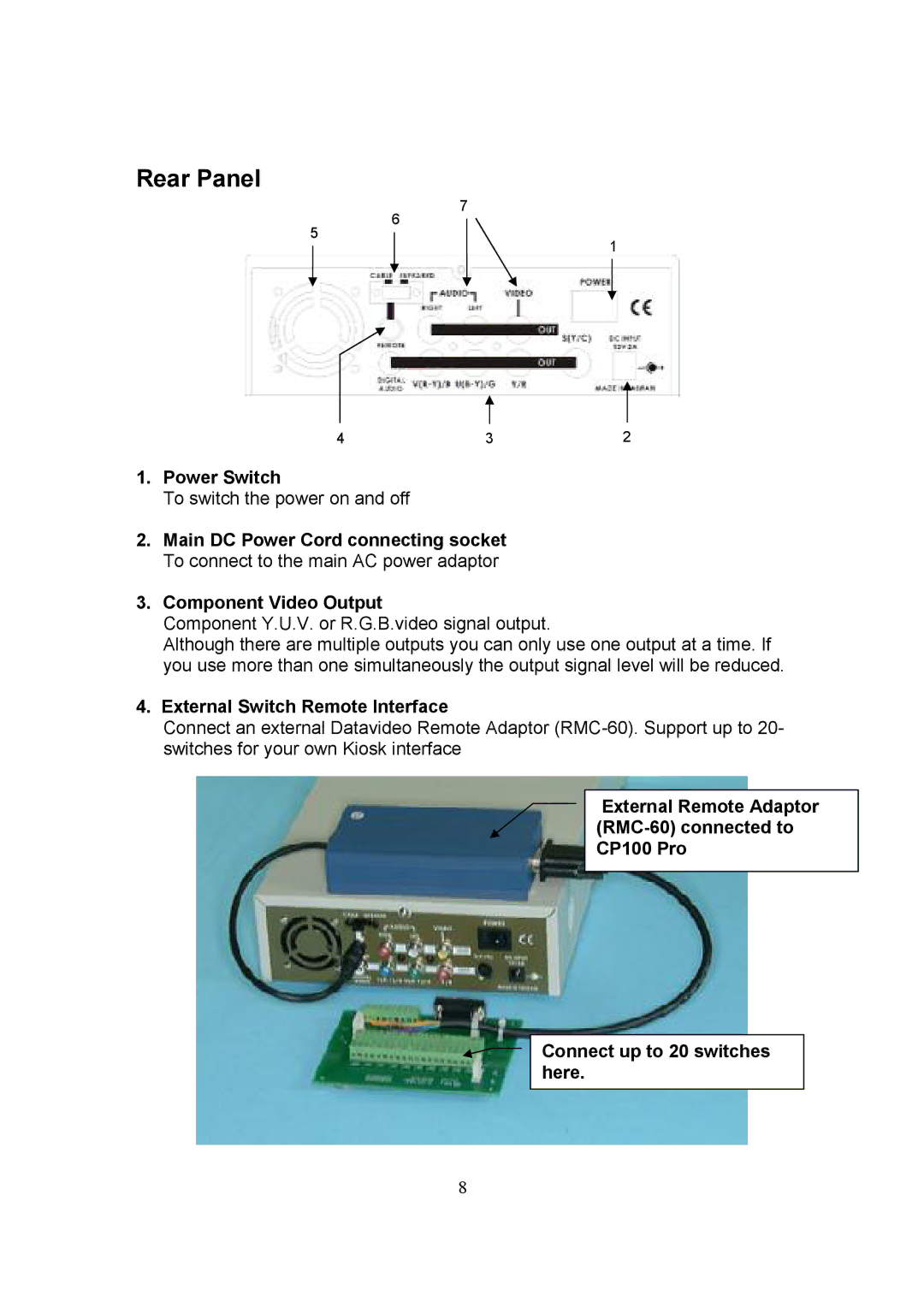 Datavideo CP-100 PRO instruction manual Rear Panel, Power Switch, Component Video Output, External Switch Remote Interface 