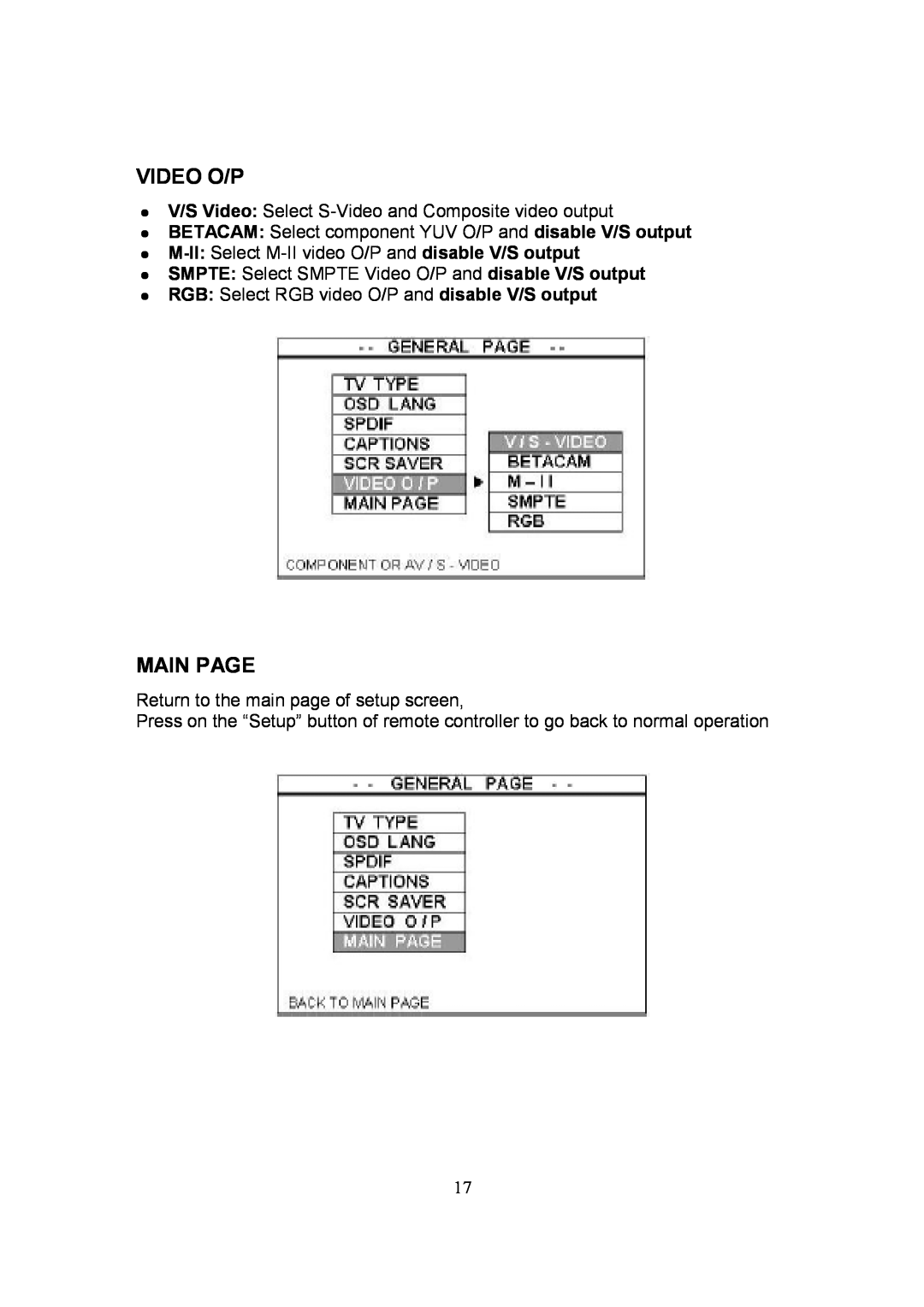 Datavideo CP-100 PRO instruction manual Video O/P, Main Page 