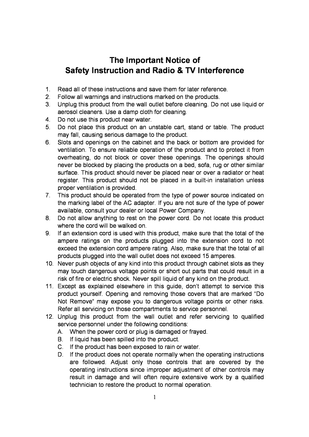 Datavideo CP-100 PRO instruction manual The Important Notice of, Safety Instruction and Radio & TV Interference 