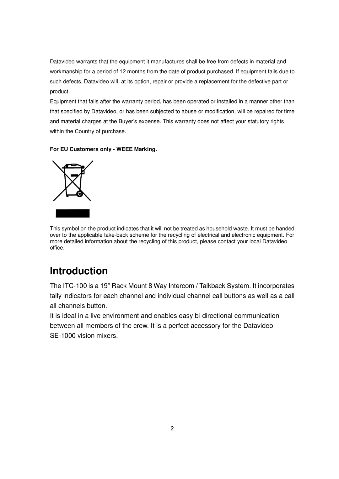 Datavideo ITC-100 KF1000 instruction manual Introduction, For EU Customers only Weee Marking 