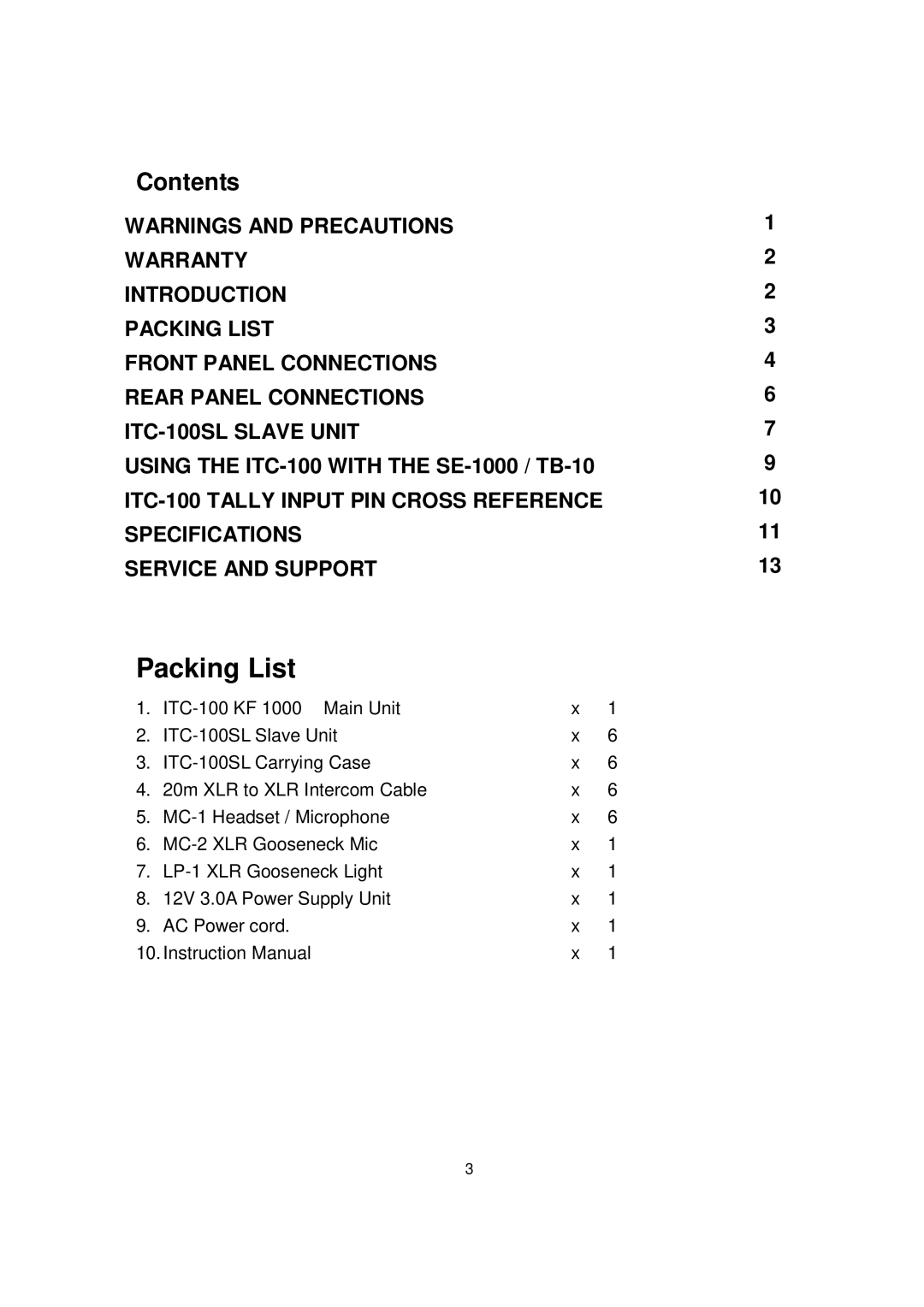 Datavideo ITC-100 KF1000 instruction manual Packing List, Contents 