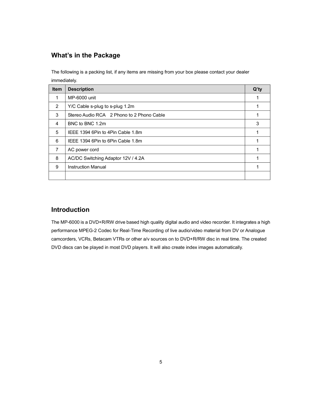 Datavideo MP-6000 Mk2 manual What’s in the Package, Introduction 