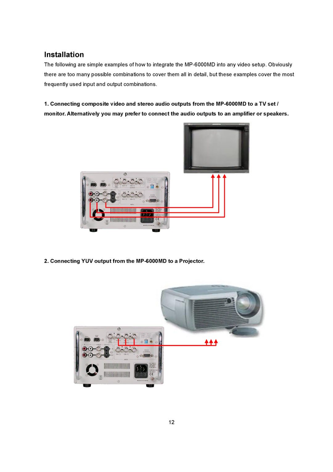 Datavideo MP6000MD manual Installation, Connecting YUV output from the MP­6000MD to a Projector 