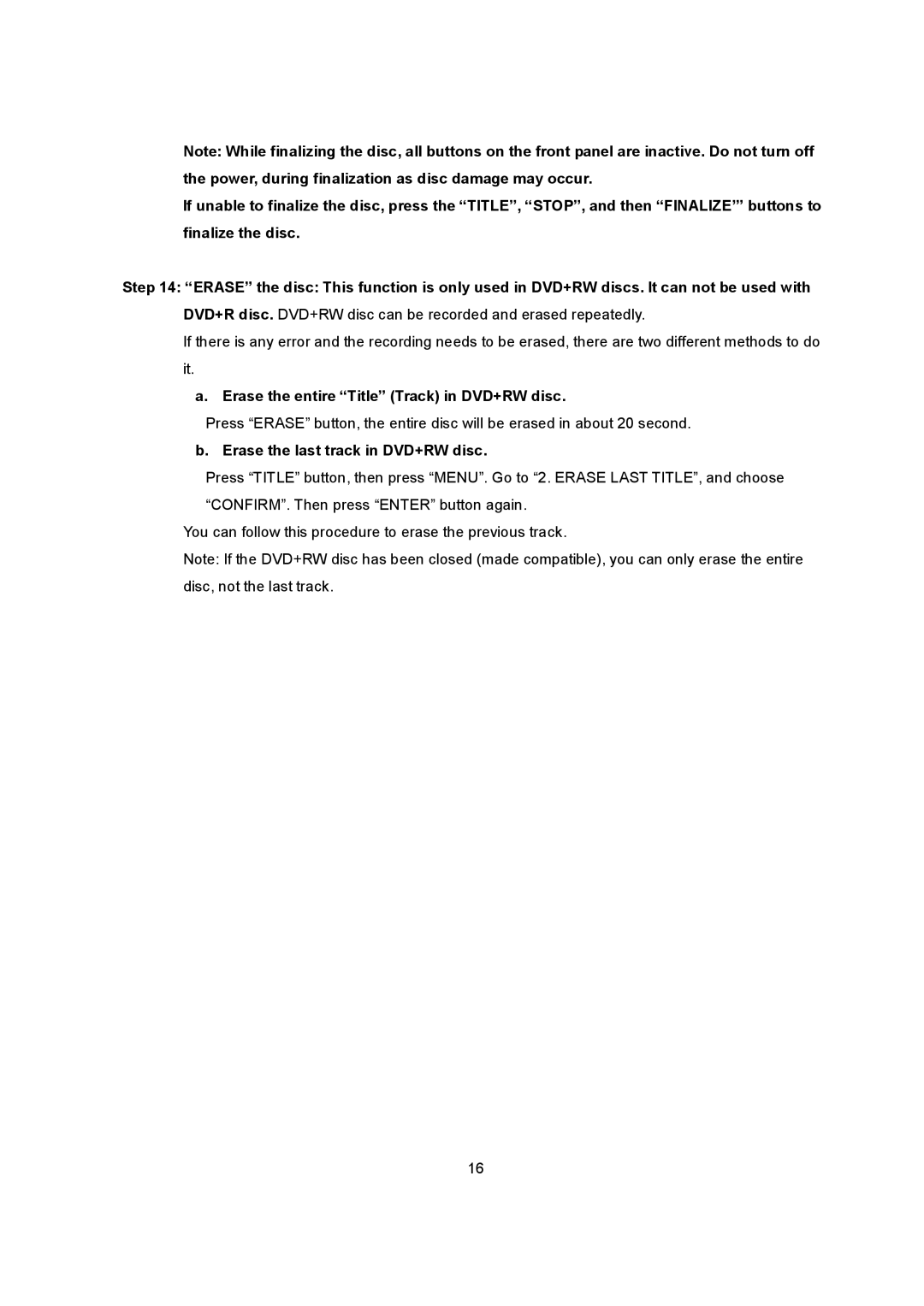 Datavideo MP6000MD manual Erase the entire Title Track in DVD+RW disc, Erase the last track in DVD+RW disc 