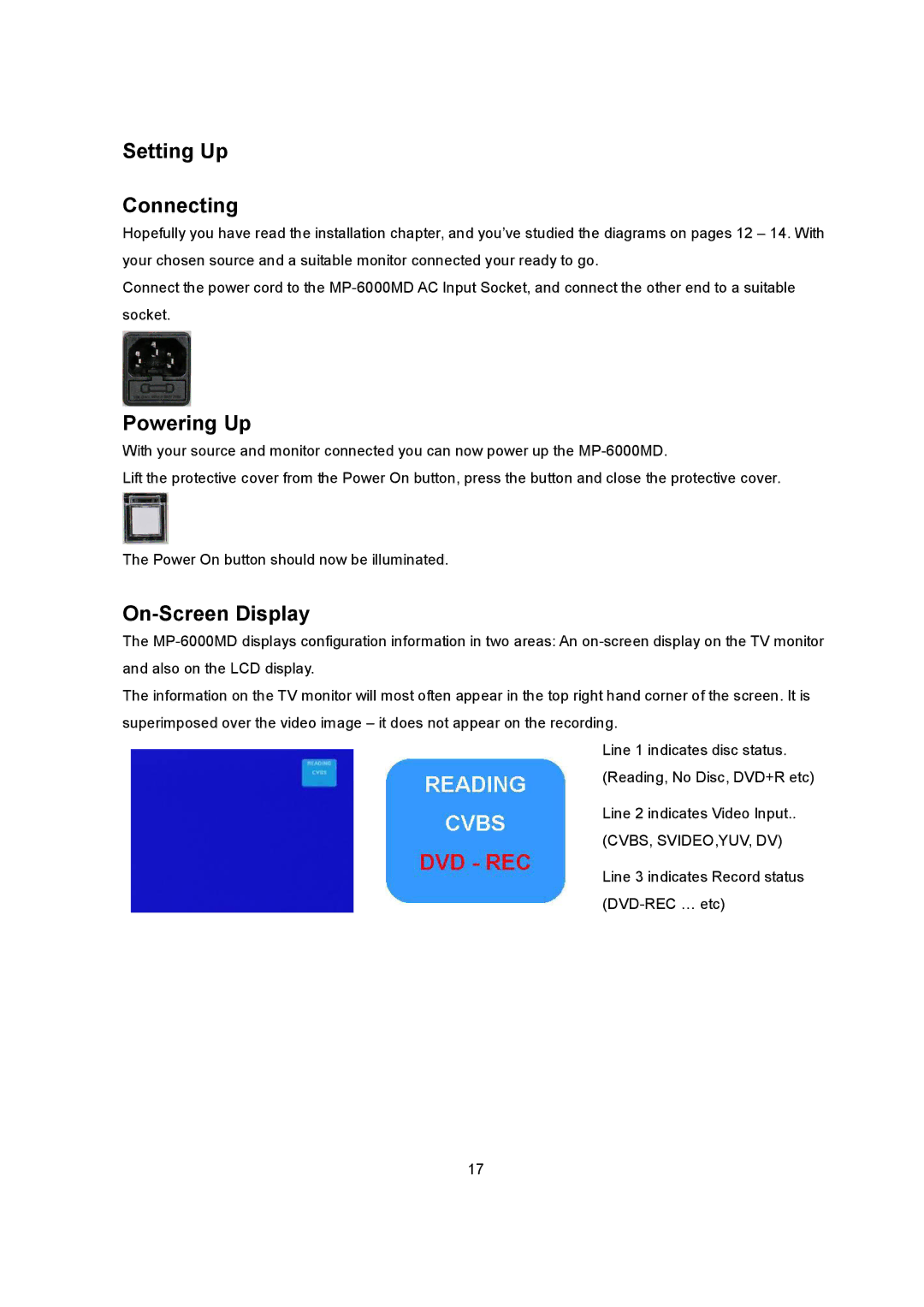 Datavideo MP6000MD manual Setting Up Connecting, Powering Up, On­Screen Display 