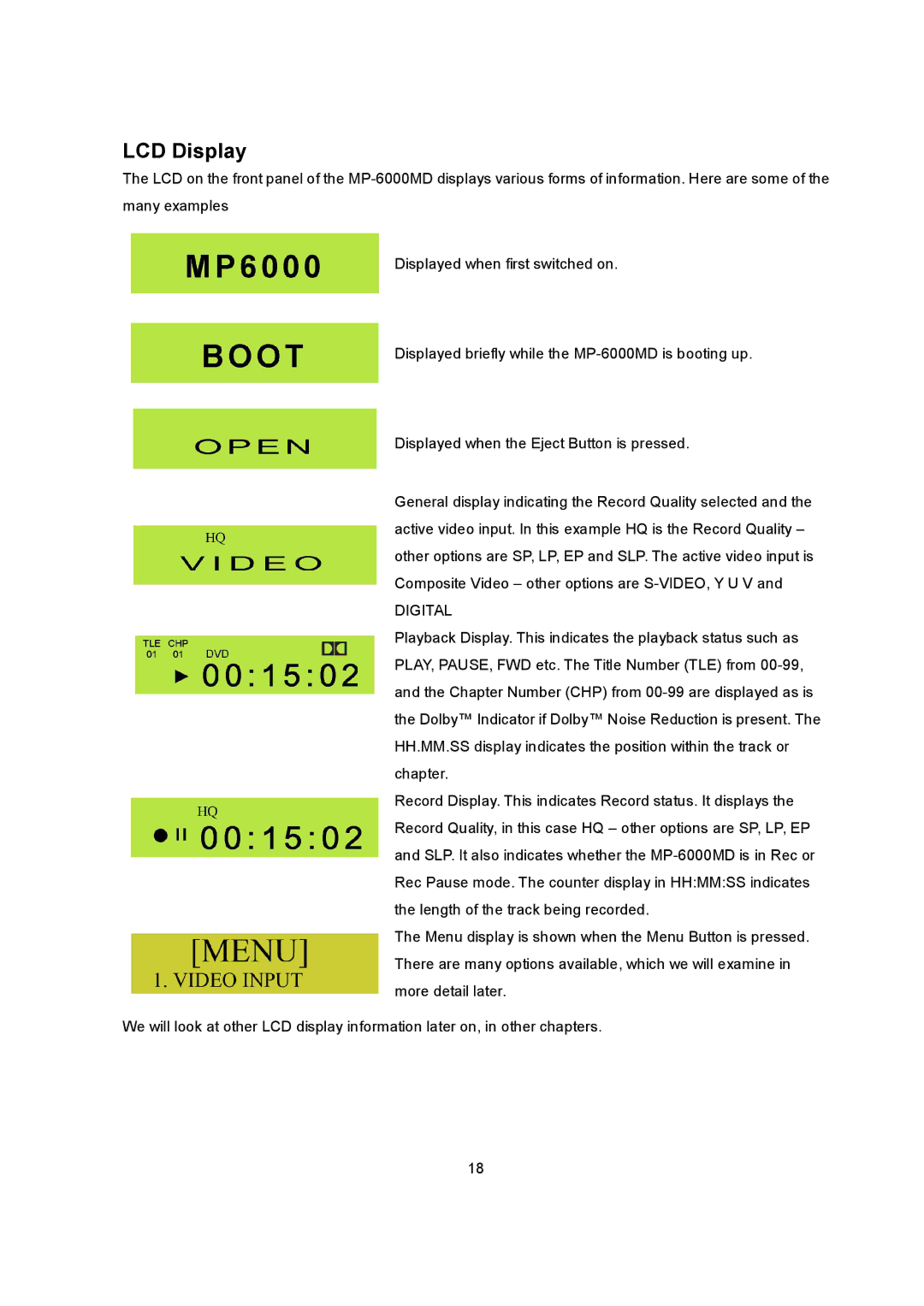 Datavideo MP6000MD manual LCD Display, Digital 