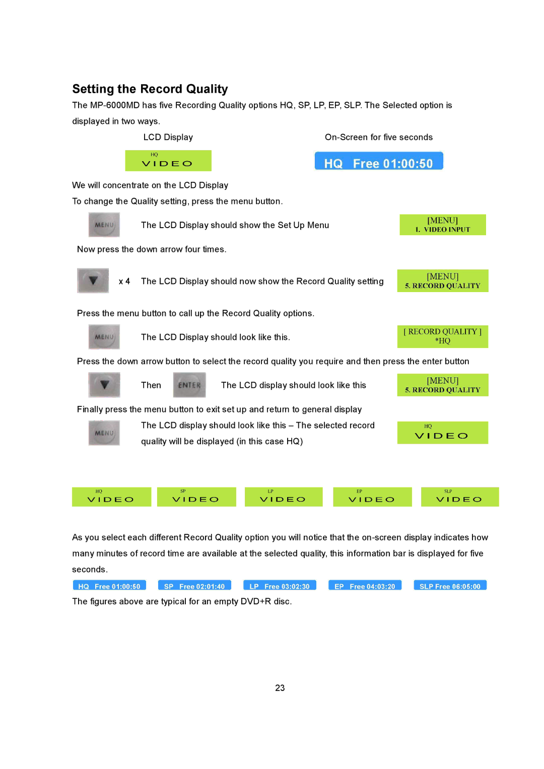 Datavideo MP6000MD manual Setting the Record Quality 