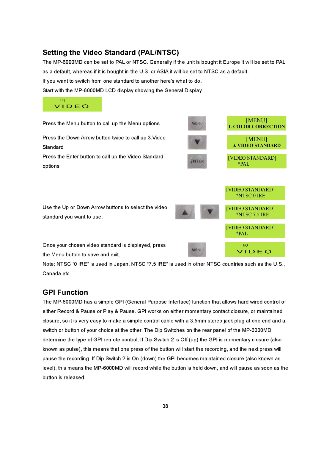 Datavideo MP6000MD manual Setting the Video Standard PAL/NTSC, GPI Function 