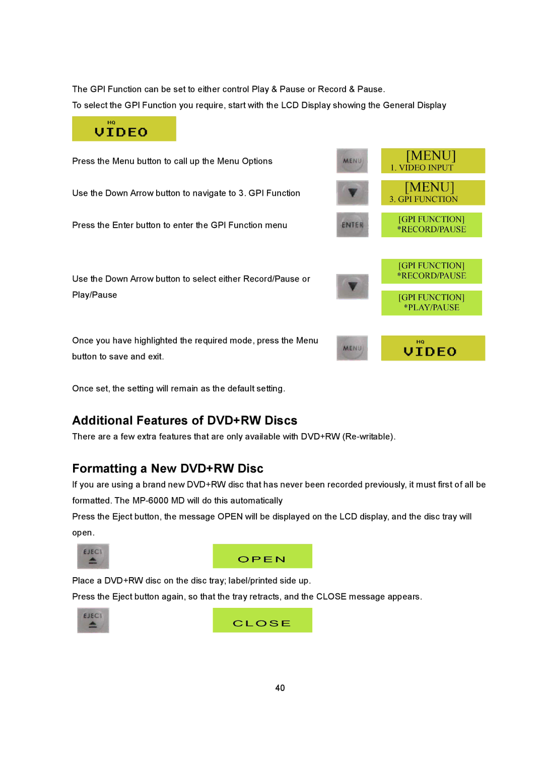 Datavideo MP6000MD manual Additional Features of DVD+RW Discs, Formatting a New DVD+RW Disc 