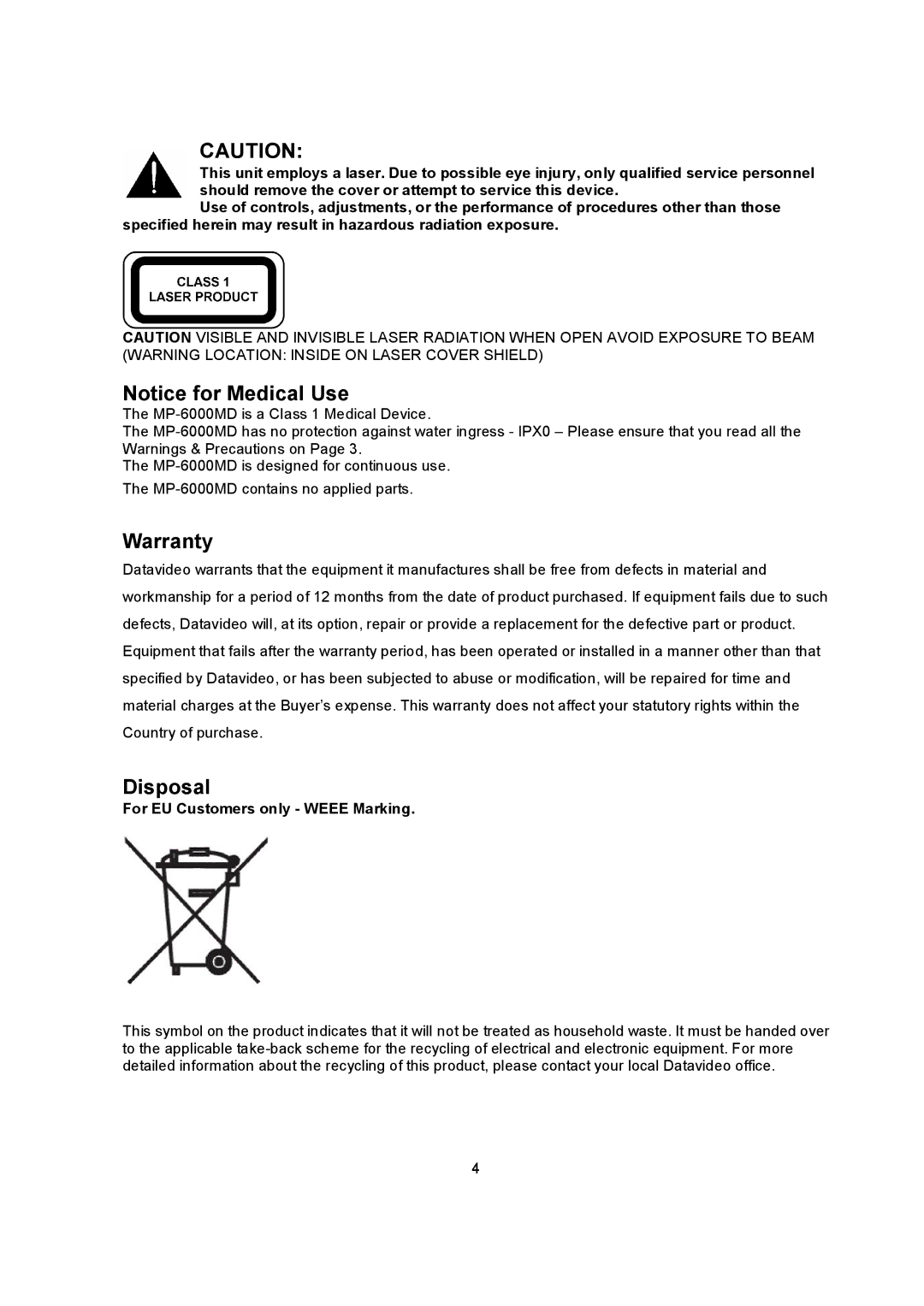 Datavideo MP6000MD manual Warranty, Disposal, For EU Customers only ­ Weee Marking 