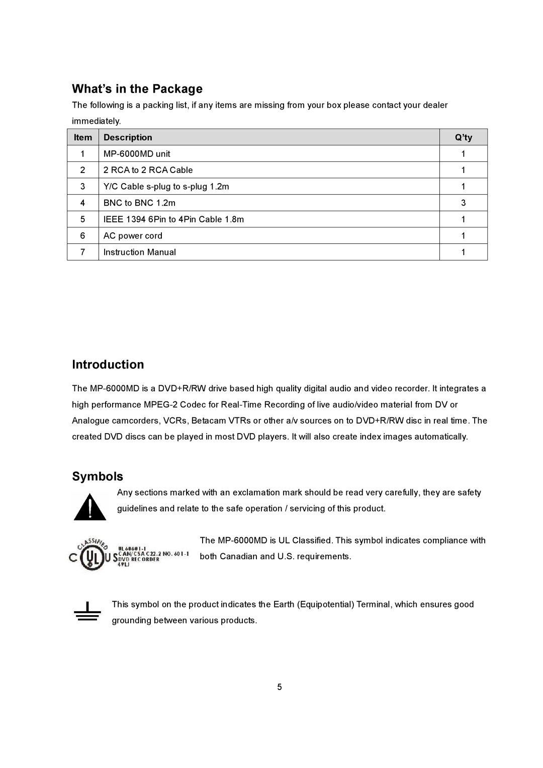 Datavideo MP6000MD manual What’s in the Package, Introduction, Symbols, Description ’ty 