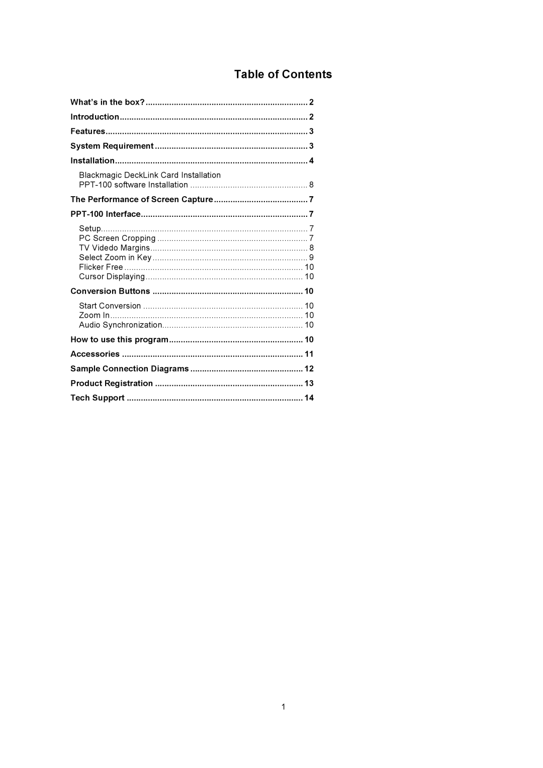 Datavideo PPT-100 manual Table of Contents 