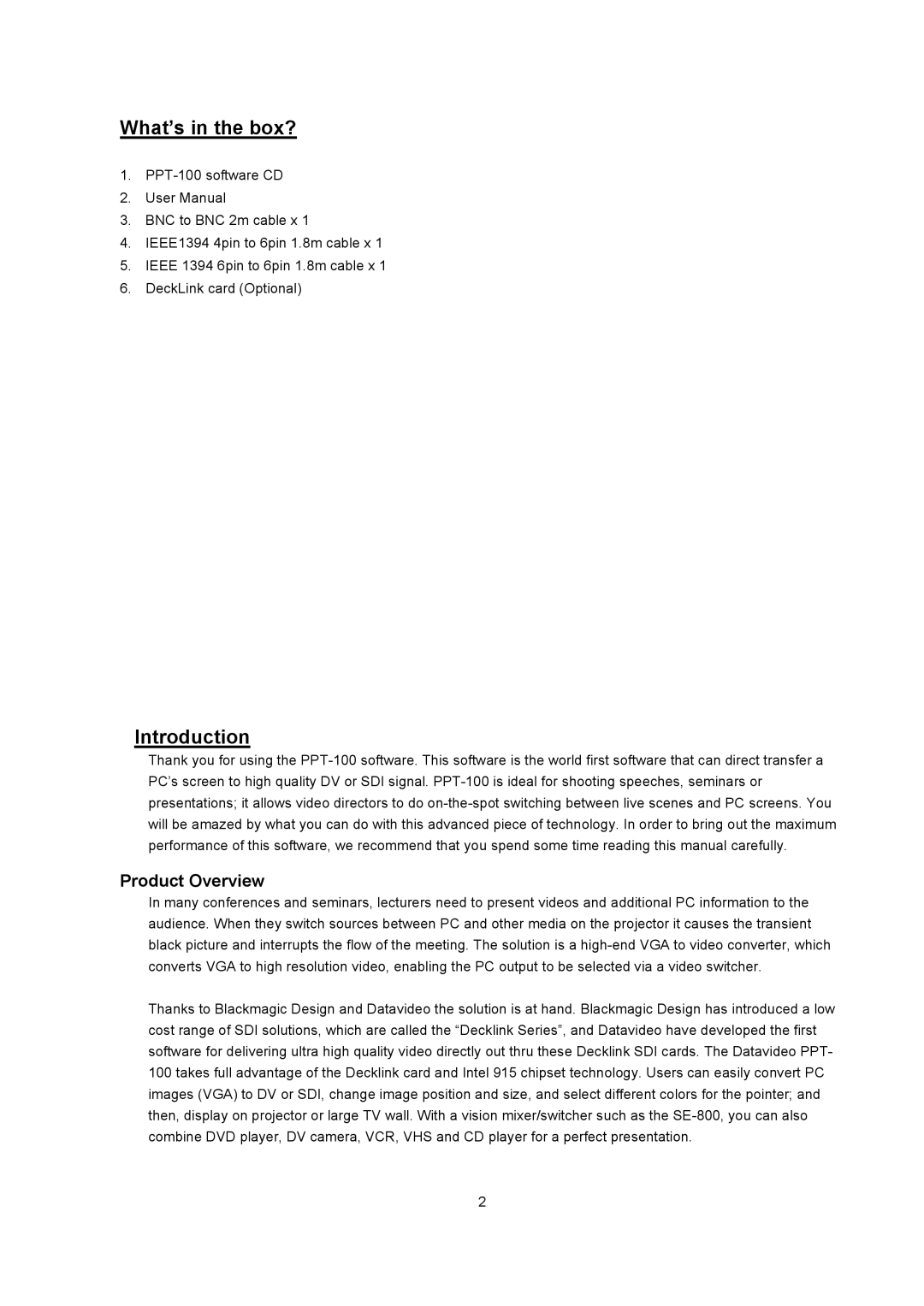 Datavideo PPT-100 manual What’s in the box?, Introduction 