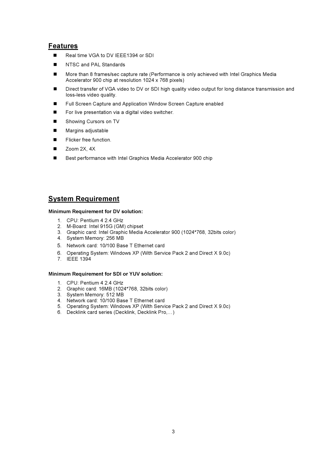 Datavideo PPT-100 manual Features, System Requirement, Minimum Requirement for DV solution 