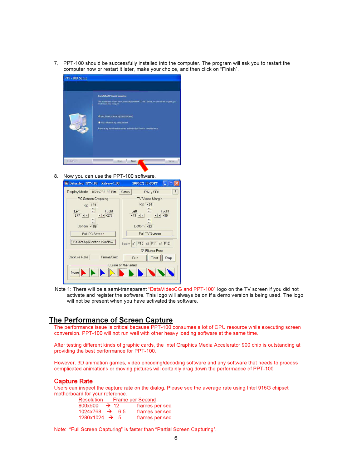 Datavideo PPT-100 manual Performance of Screen Capture, Capture Rate 