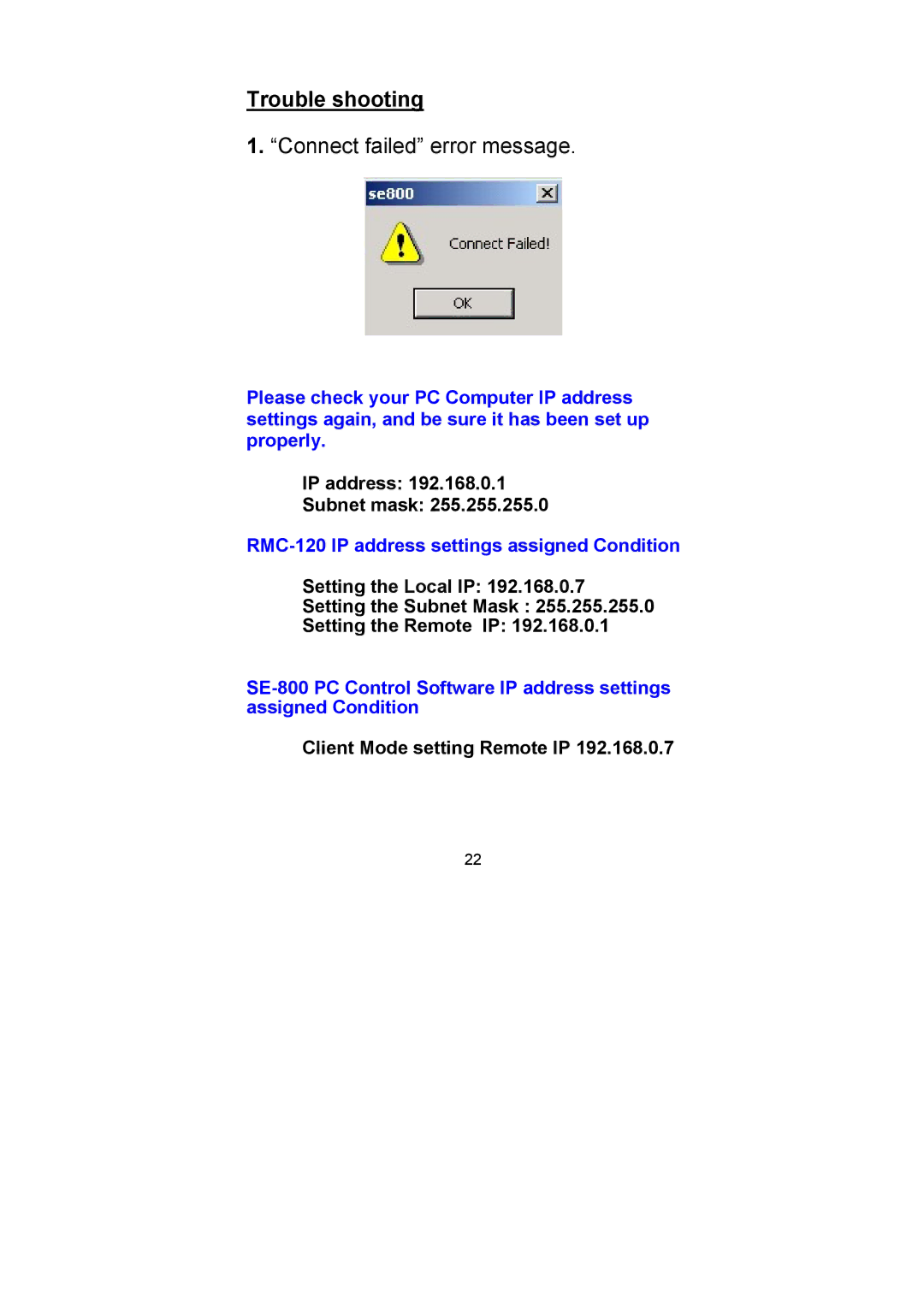 Datavideo RMC-120 user manual Trouble shooting, Connect failed error message 