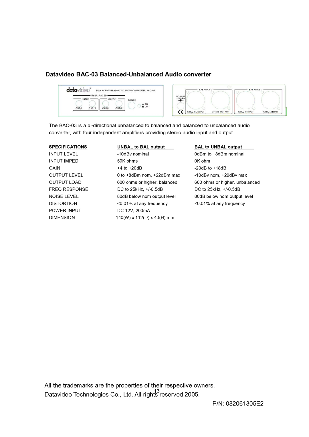 Datavideo RMC-90 manual Datavideo BAC-03 Balanced-Unbalanced Audio converter 