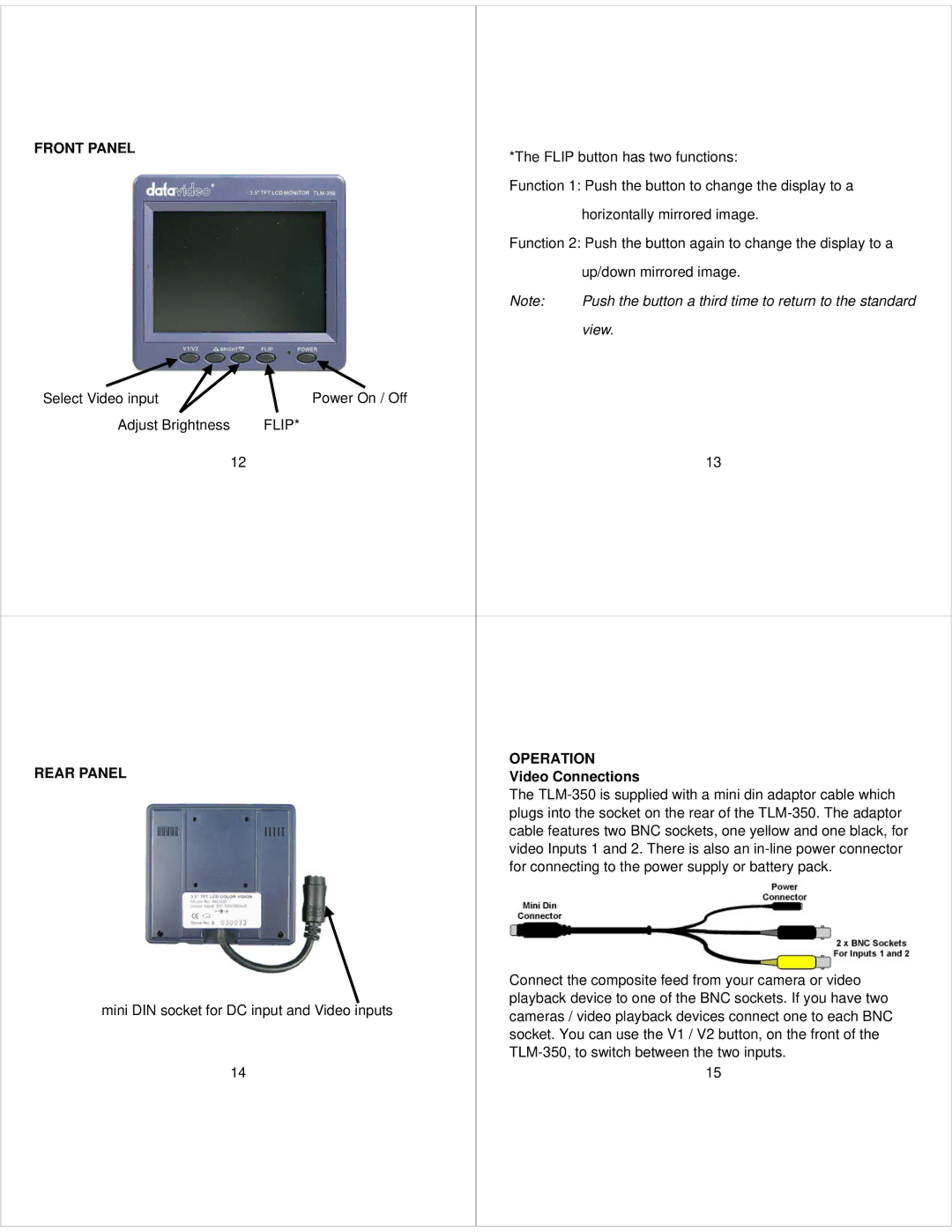 Datavideo TLM-350 instruction manual Front Panel, Rear Panel Operation 