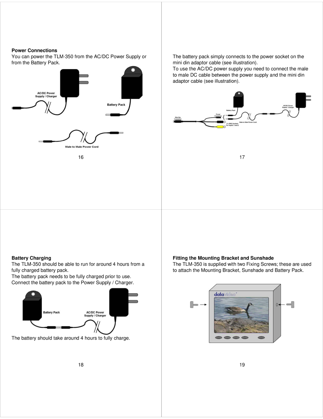 Datavideo TLM-350 instruction manual Power Connections 