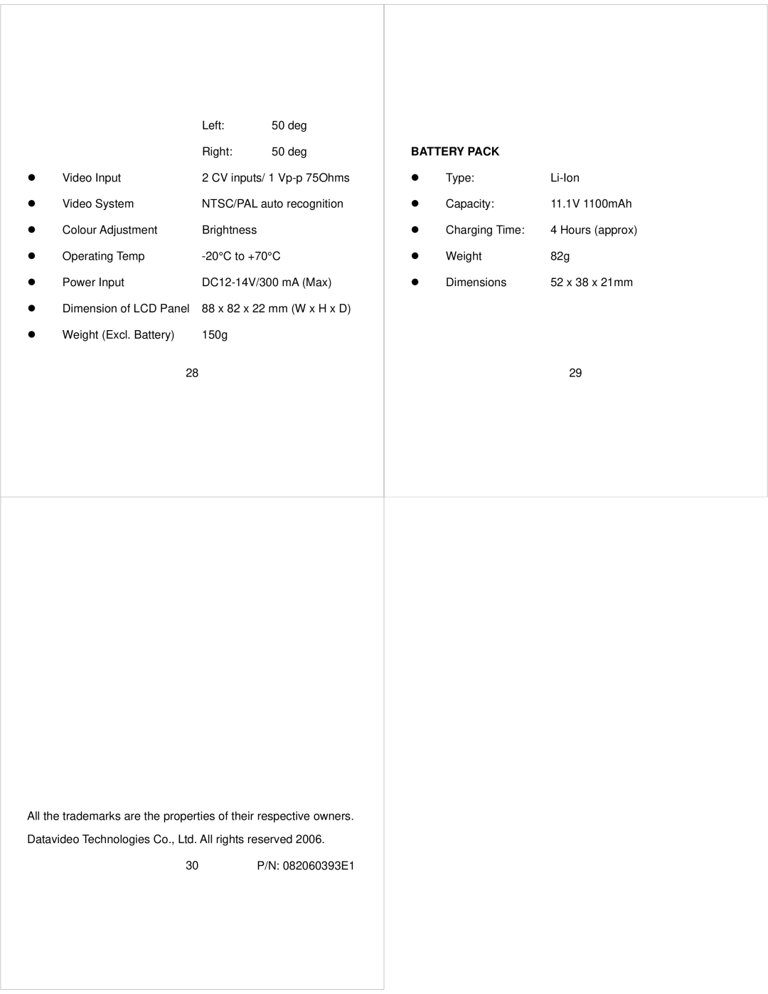 Datavideo TLM-350 instruction manual Battery Pack 