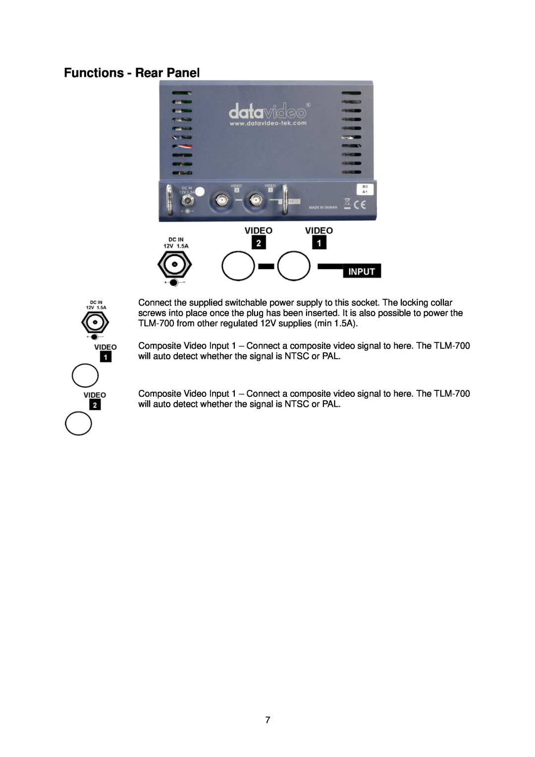 Datavideo TLM-700 instruction manual Functions - Rear Panel 