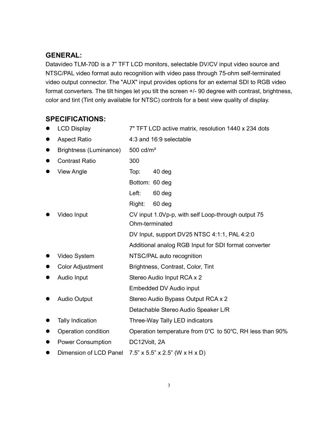 Datavideo TLM-70D manual General, Specifications 