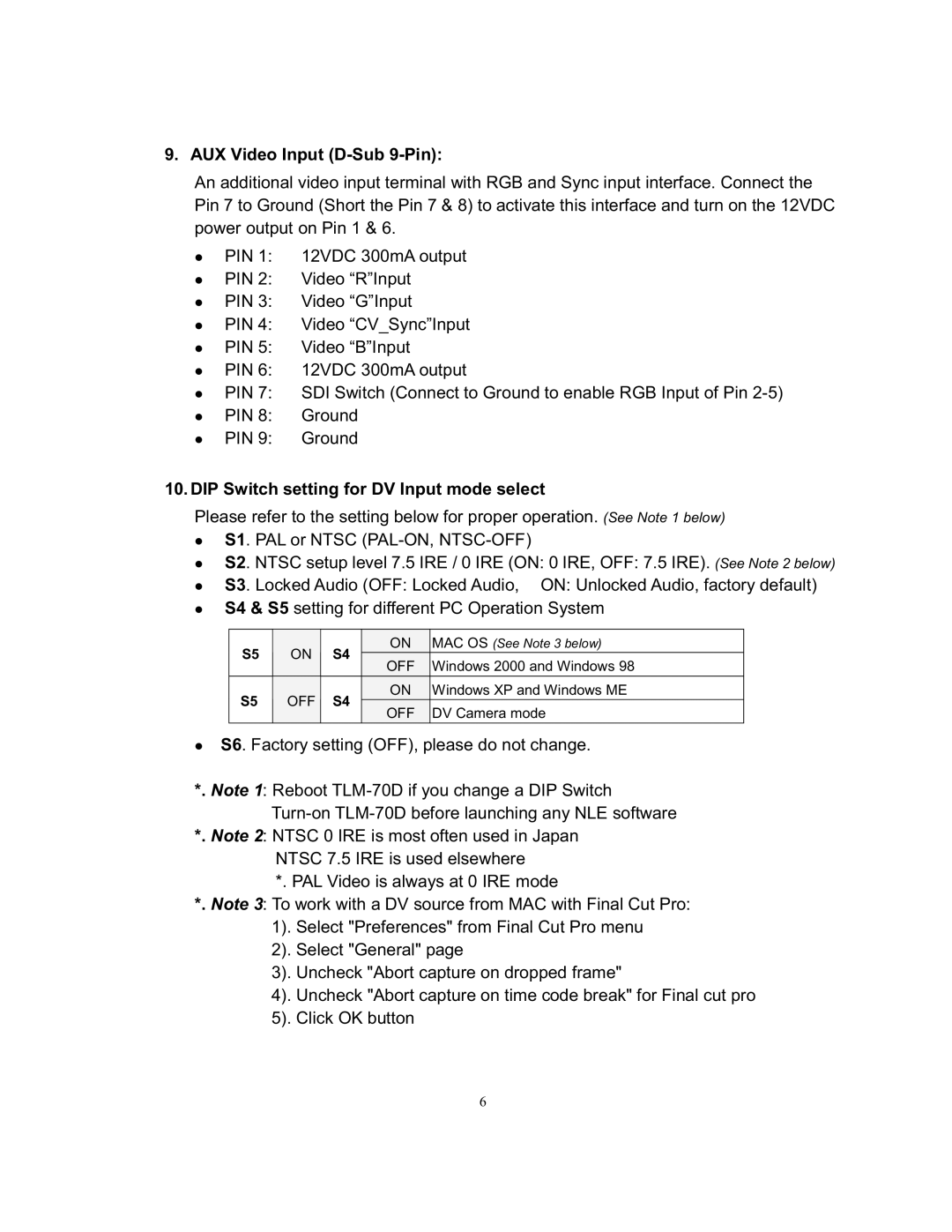 Datavideo TLM-70D manual AUX Video Input D-Sub 9-Pin, DIP Switch setting for DV Input mode select 