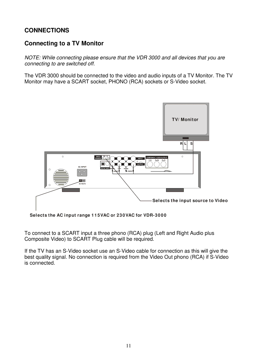 Datavideo VDR-3000 instruction manual Connections, Connecting to a TV Monitor 