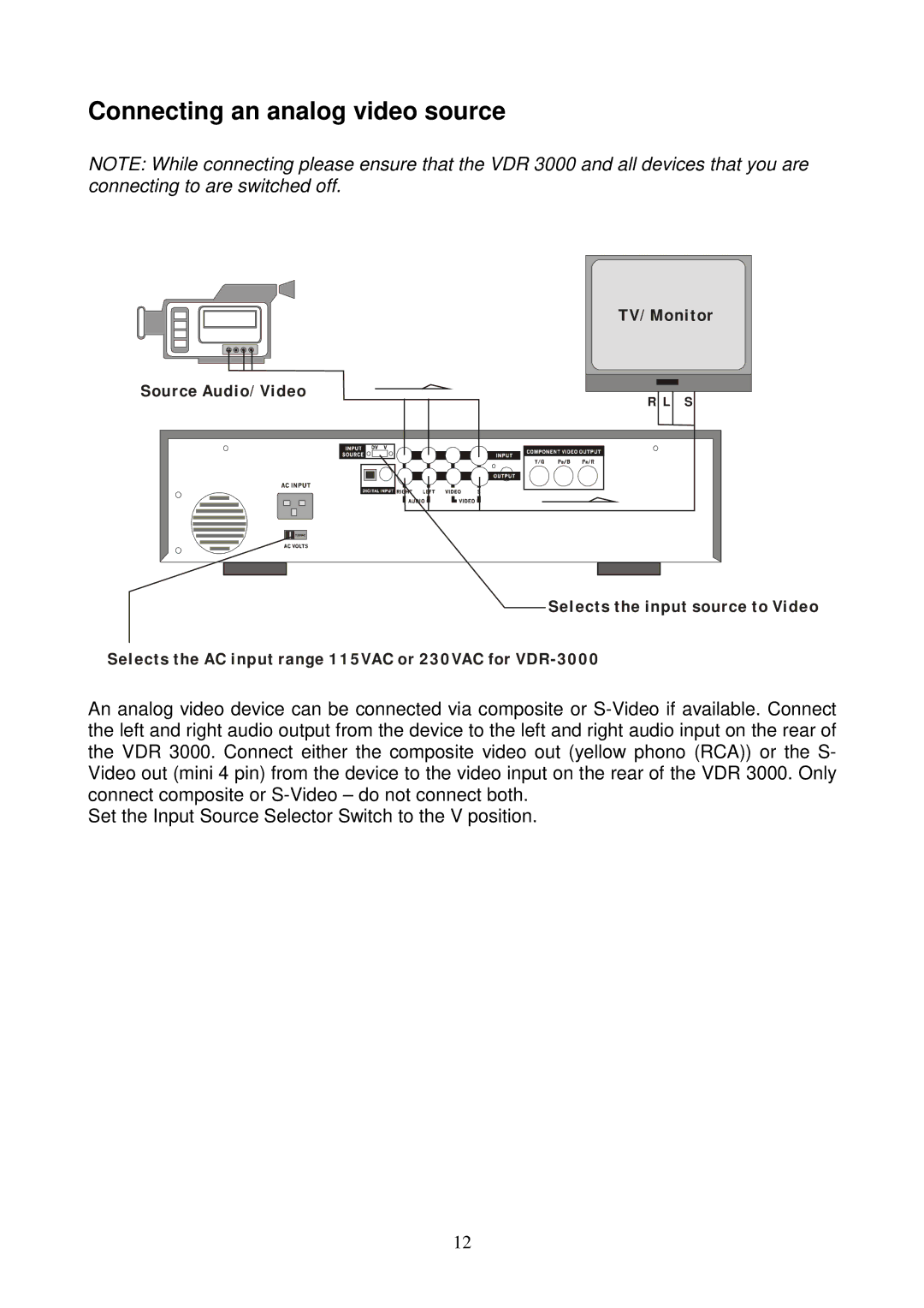 Datavideo VDR-3000 instruction manual Connecting an analog video source 