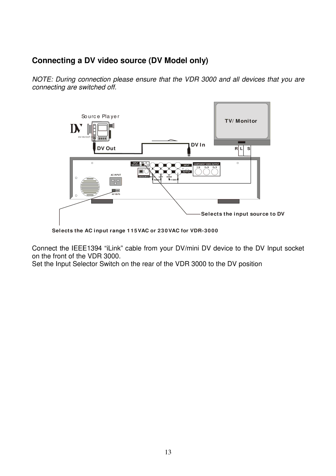 Datavideo VDR-3000 instruction manual Connecting a DV video source DV Model only 
