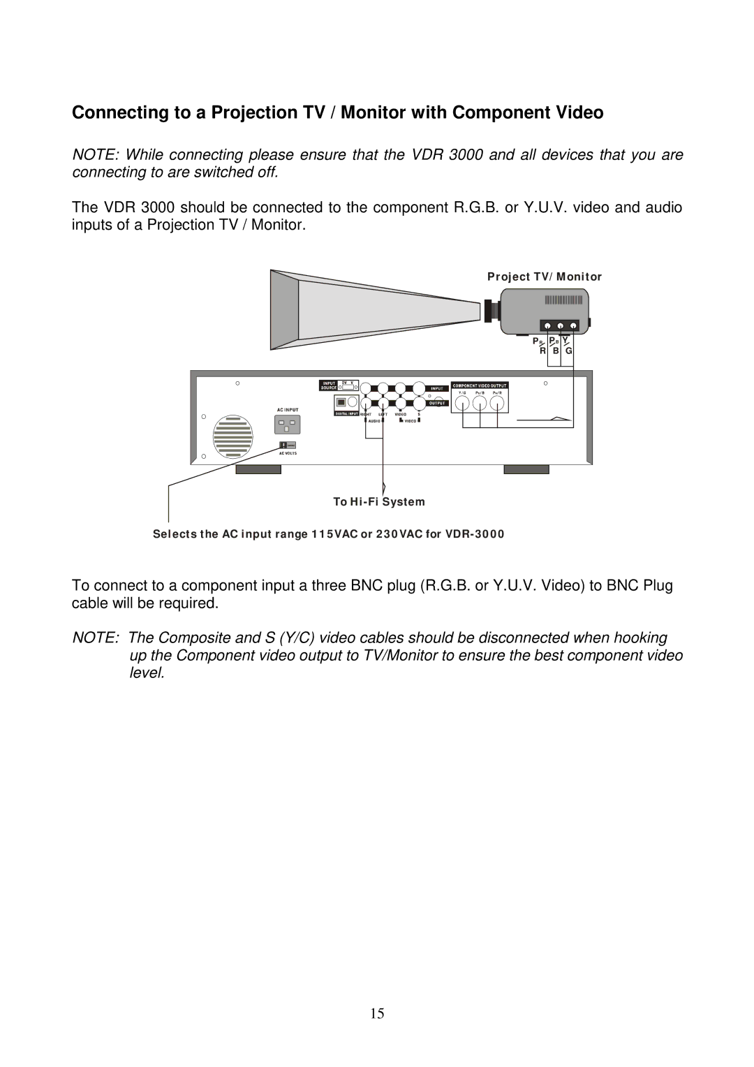 Datavideo VDR-3000 instruction manual Connecting to a Projection TV / Monitor with Component Video 