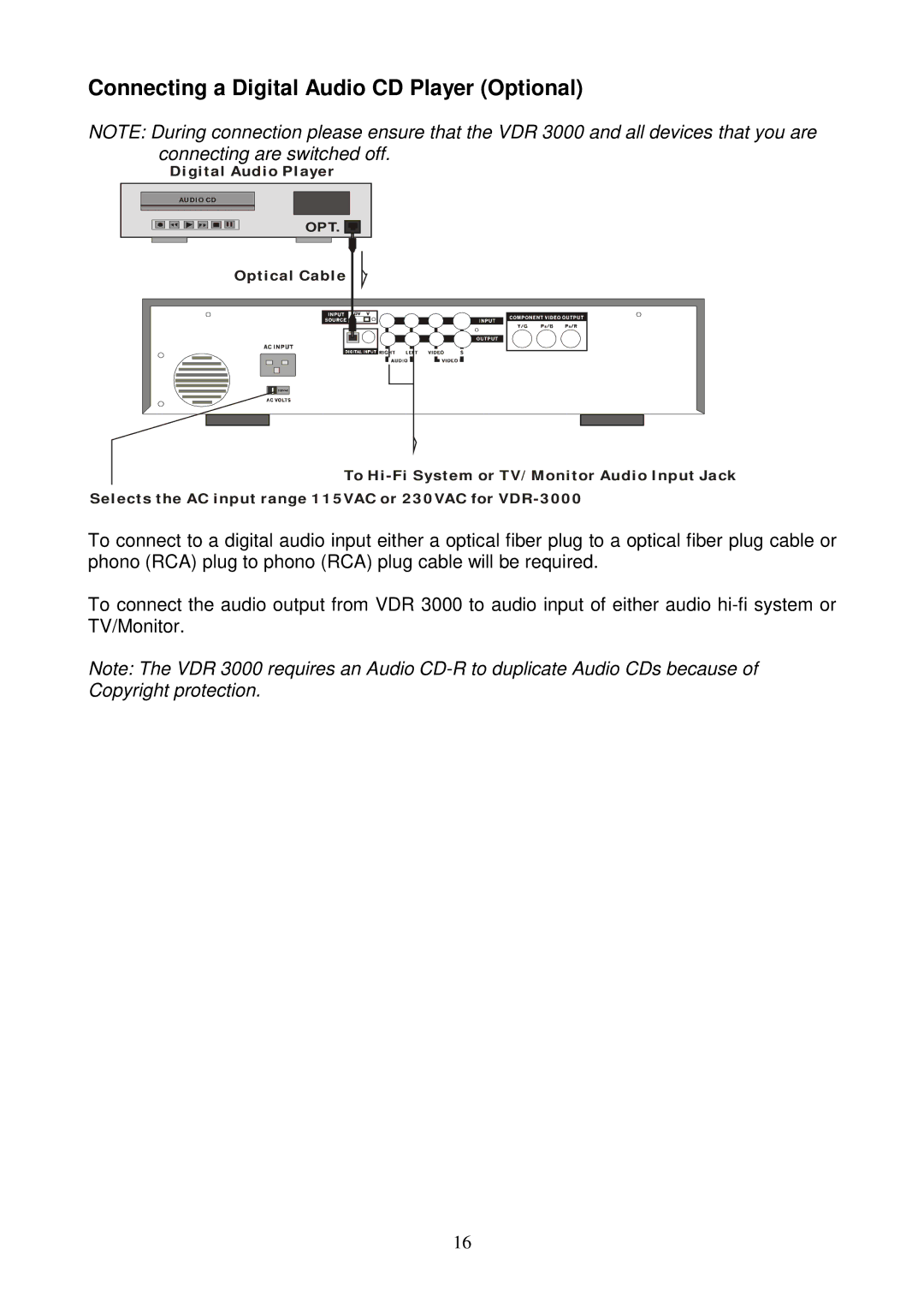 Datavideo VDR-3000 instruction manual Connecting a Digital Audio CD Player Optional 