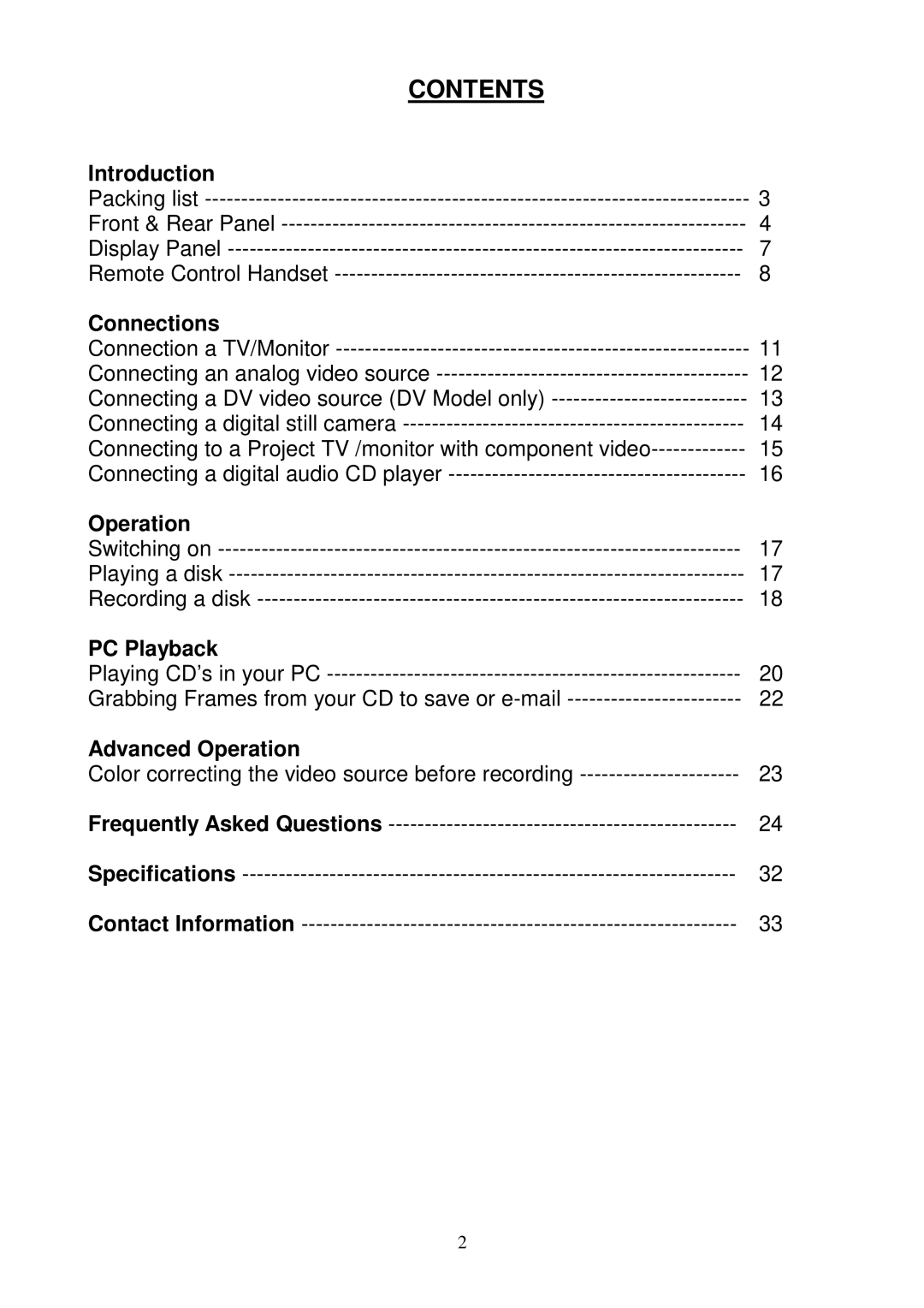 Datavideo VDR-3000 instruction manual Contents 