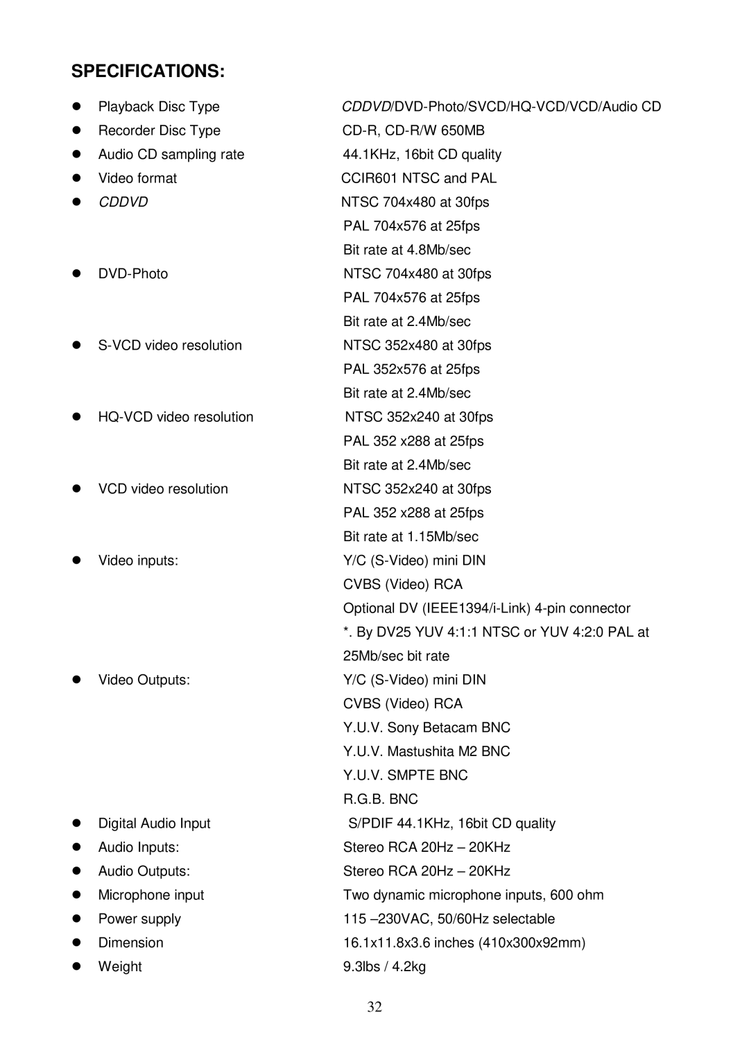 Datavideo VDR-3000 instruction manual Specifications 