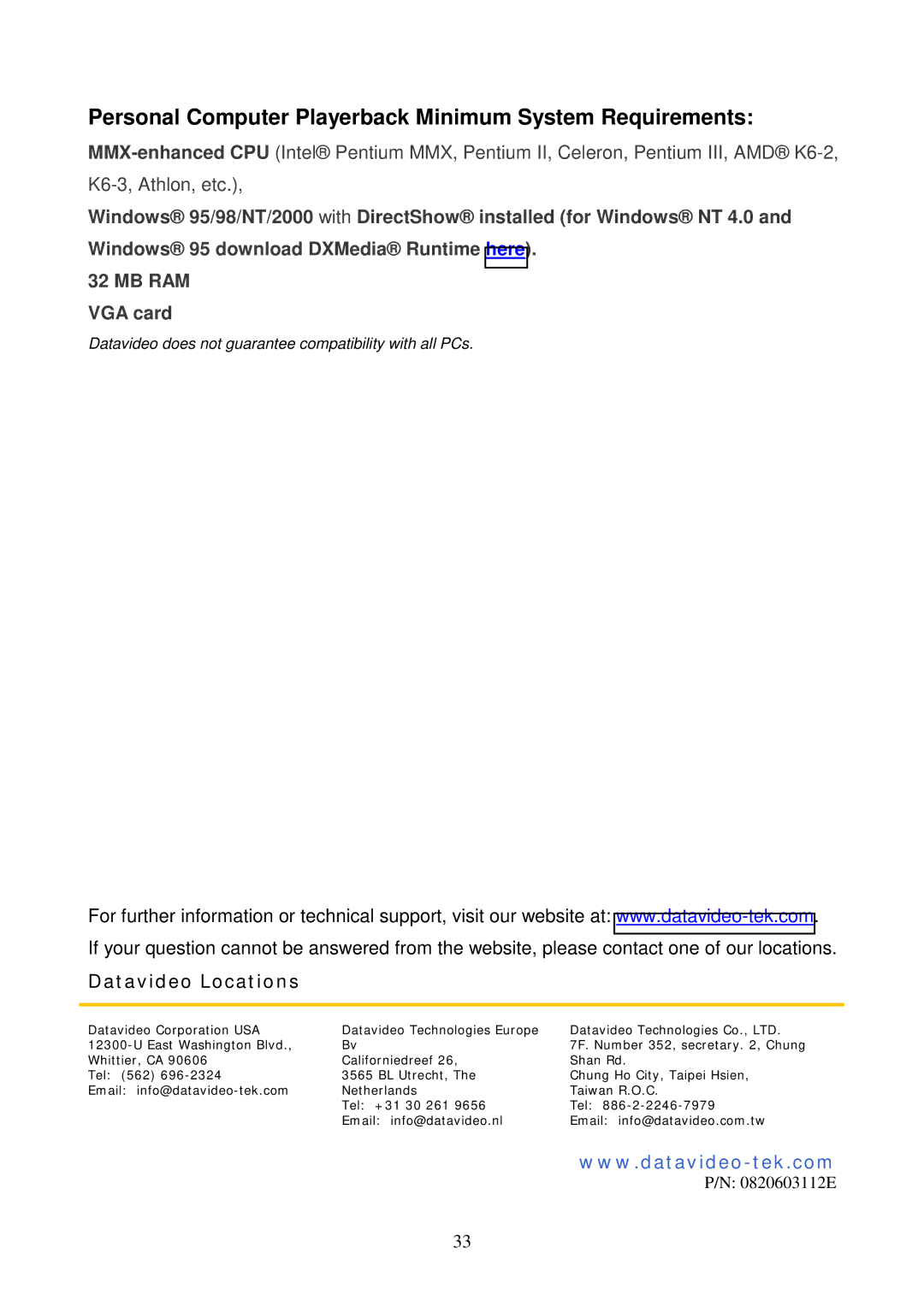 Datavideo VDR-3000 instruction manual Personal Computer Playerback Minimum System Requirements, Datavideo Locations 