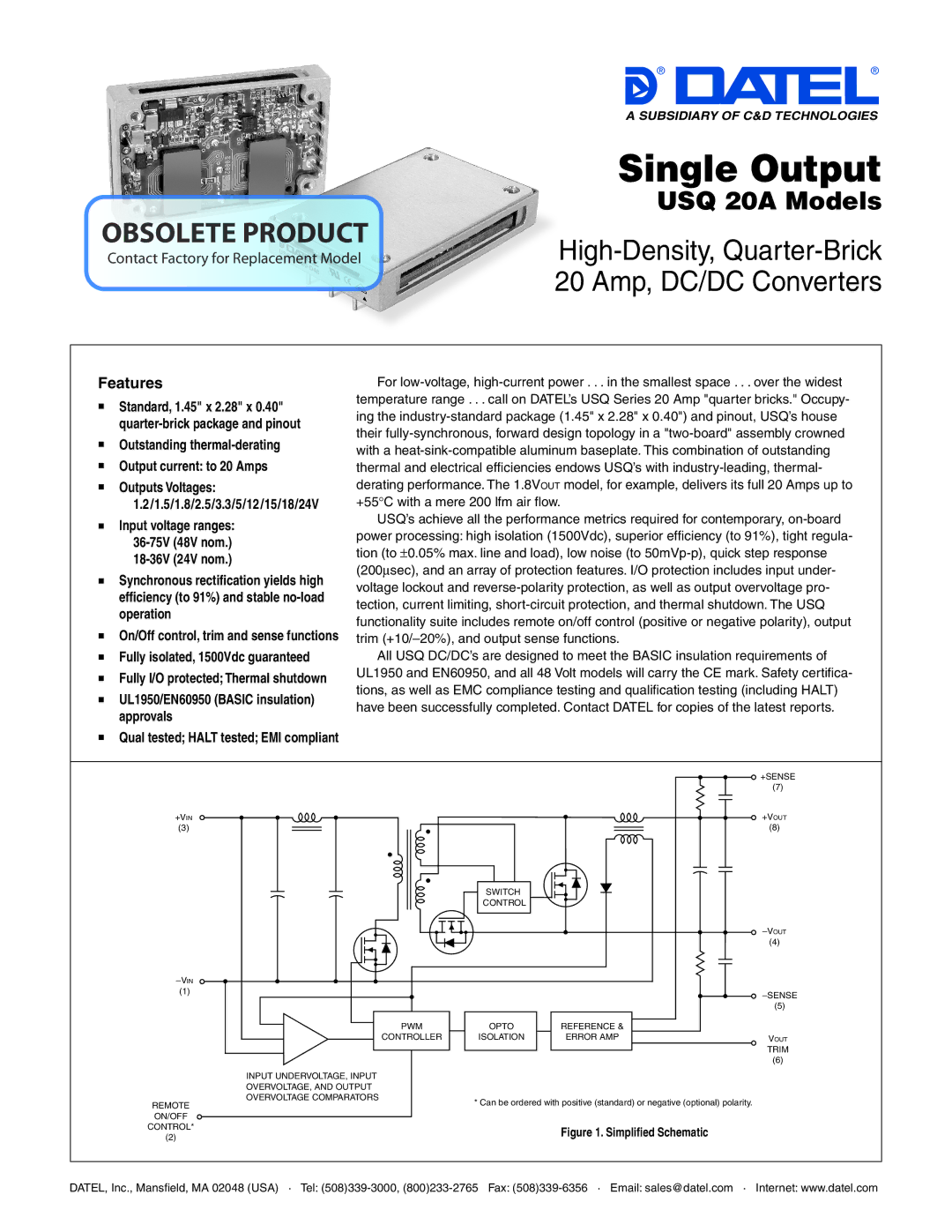 Datel 20A manual Features,  Outstanding thermal-derating  Output current to 20 Amps 