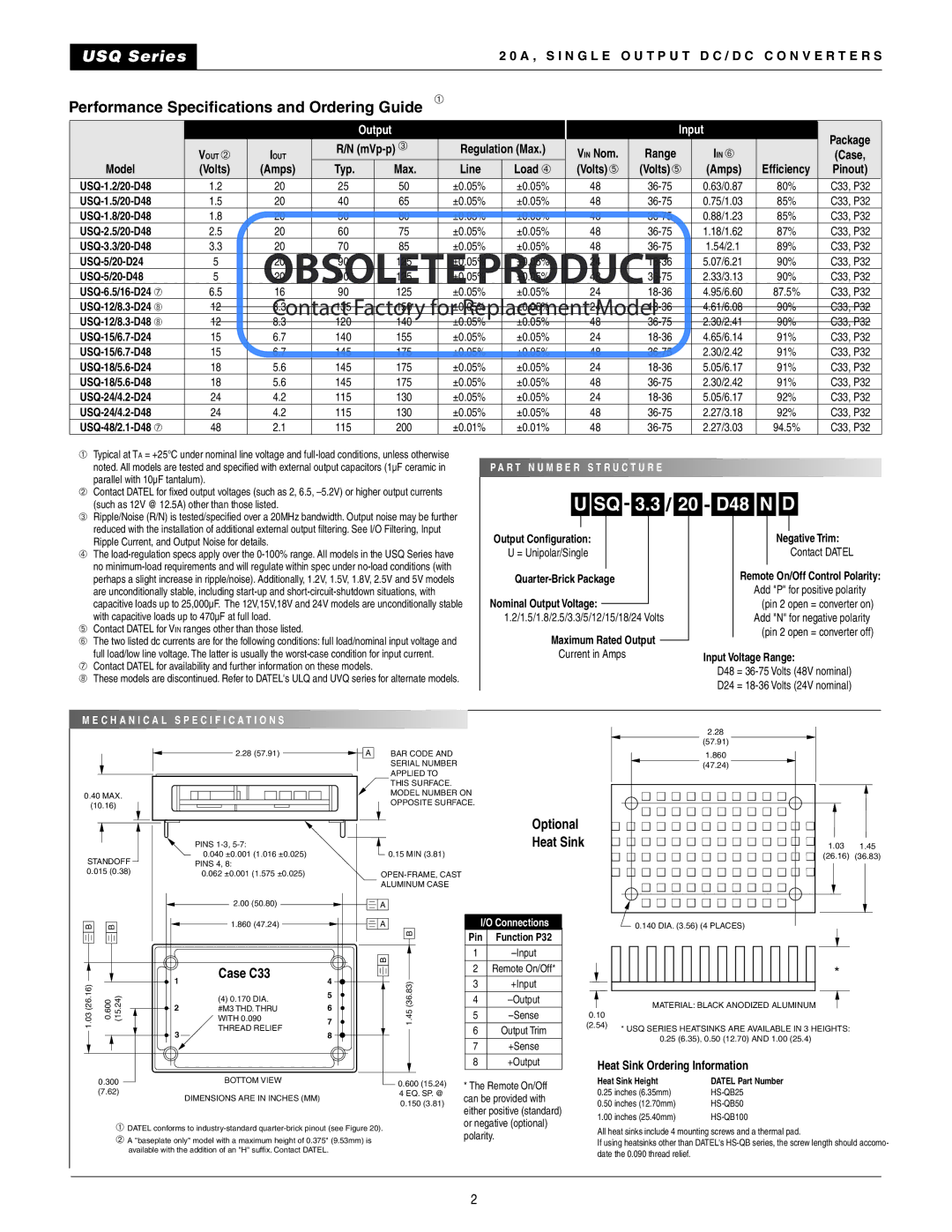 Datel 20A manual Performance Speciﬁcations and Ordering Guide, Case C33 