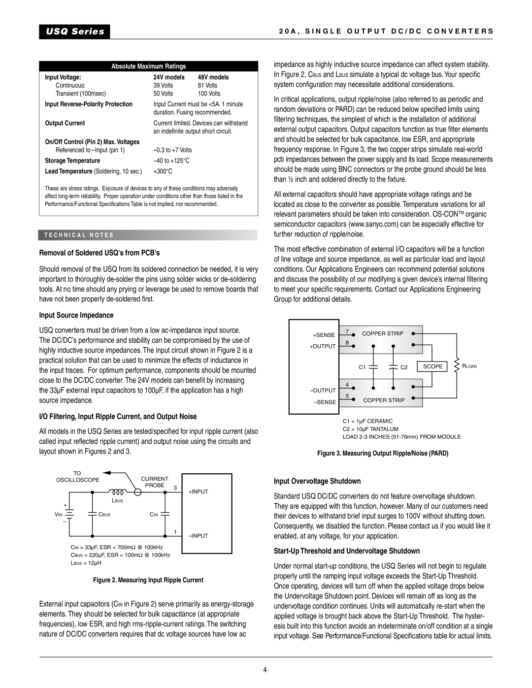 Datel 20A Removal of Soldered USQs from PCBs, Input Source Impedance, Filtering, Input Ripple Current, and Output Noise 