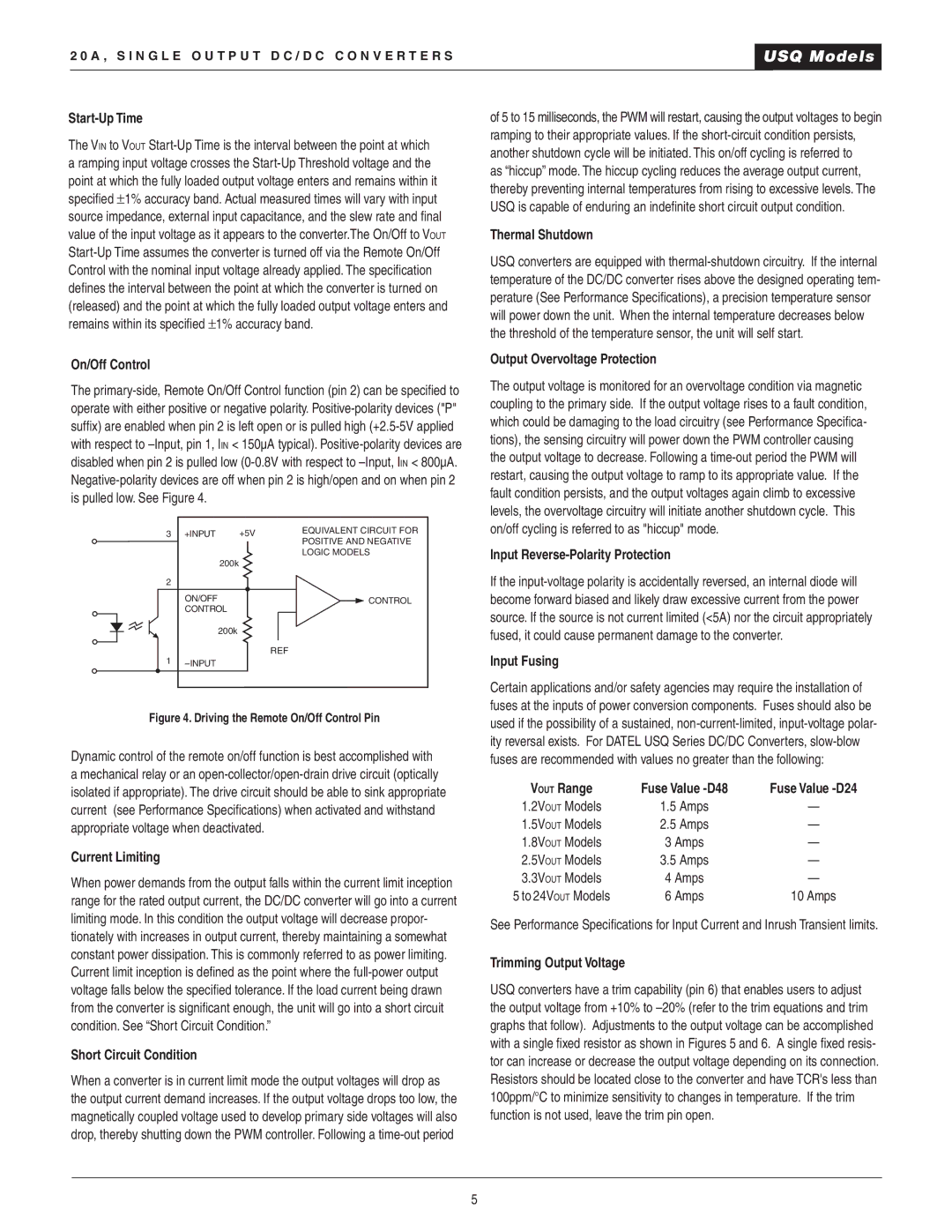 Datel 20A manual Start-Up Time, On/Off Control, Current Limiting, Short Circuit Condition, Thermal Shutdown, Input Fusing 