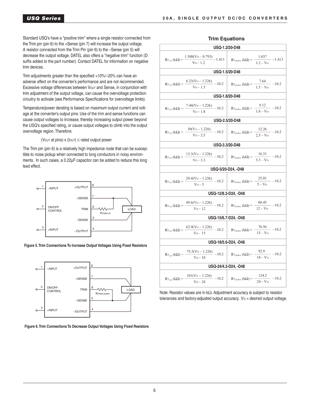 Datel 20A manual Trim Equations, USQ-1.2/20-D48 