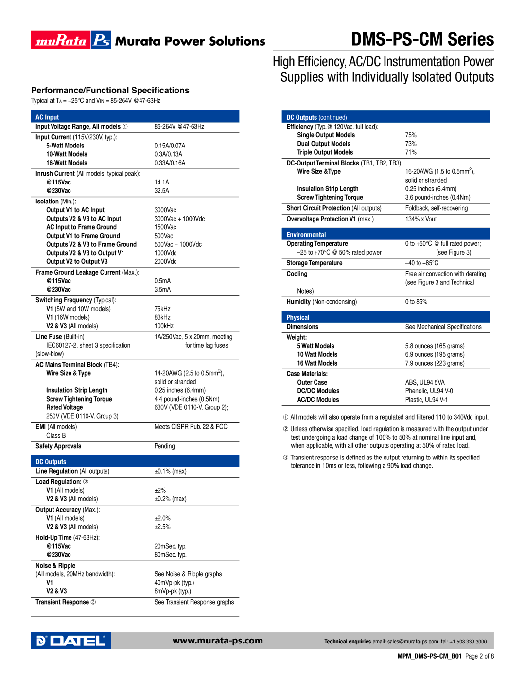 Datel DMS-PS-CM manual Performance/Functional Specifications, AC/DC Modules 