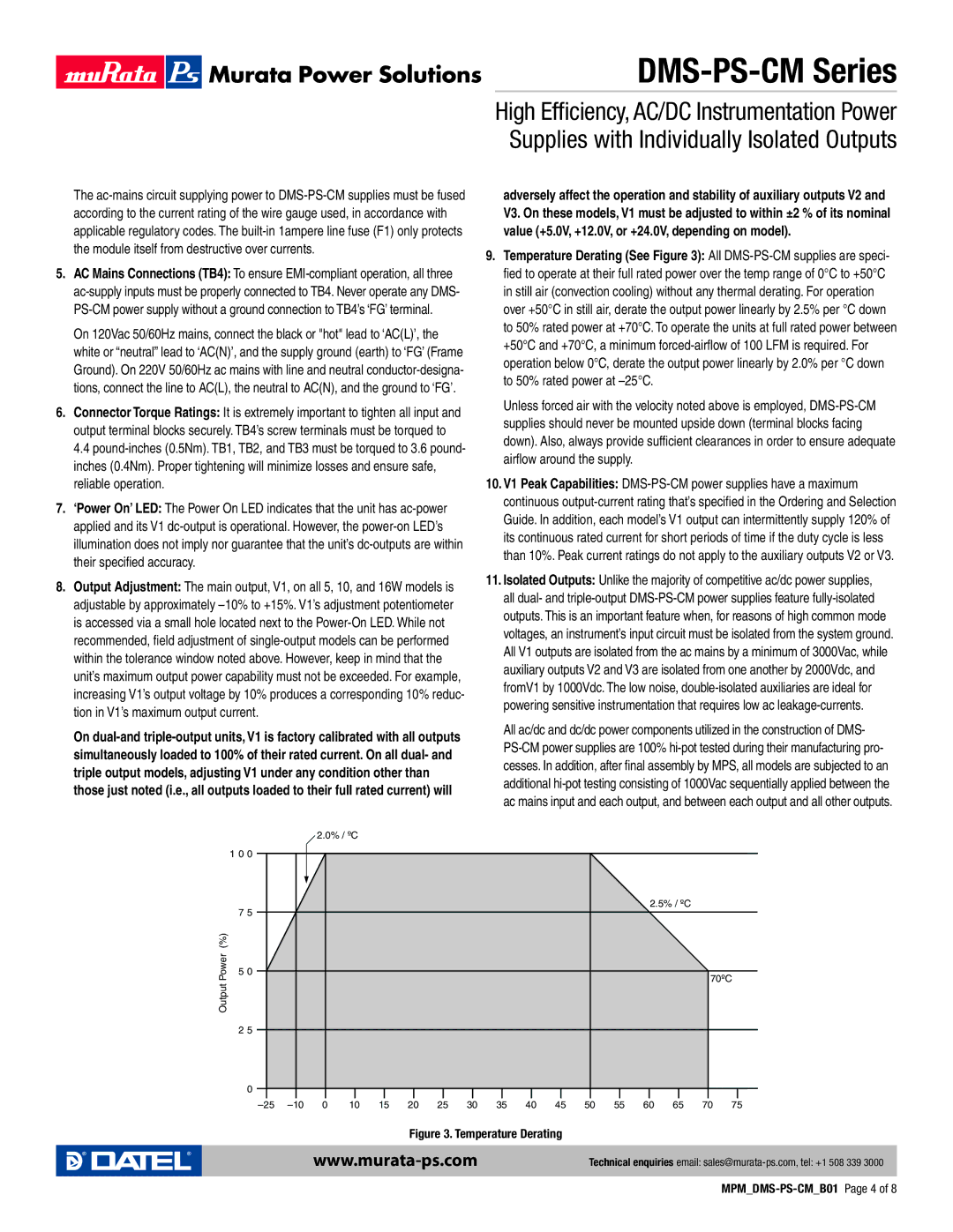 Datel DMS-PS-CM manual Temperature Derating 