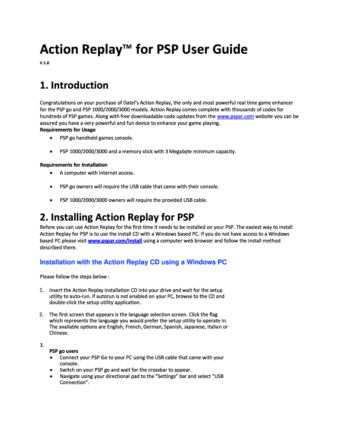 Datel PSP 1000, PSP 3000, PSP 2000 manual Action Replay for PSP User Guide, Introduction, Installing Action Replay for PSP 