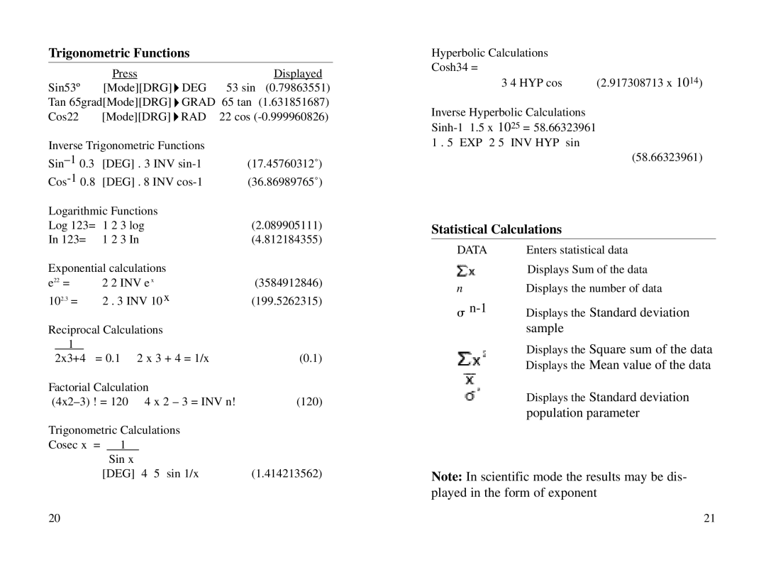 Datexx 6518206 owner manual Trigonometric Functions, Statistical Calculations 